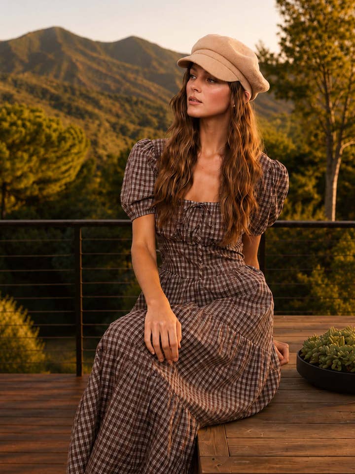 Wholesale PLAID PUFF SLEEVE CORSET DETAIL TIERED MIDI DRESS for your store