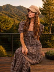 Wholesale PLAID PUFF SLEEVE CORSET DETAIL TIERED MIDI DRESS for your store