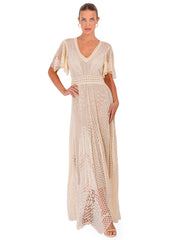 BA&SH Umia Dress in Vanille, Women's Designer Maxi Dress, Women's Crochet Dress, Women's White Crochet Dress, Women's Cream Crochet Dress, Women's Summer Gown, Women's Summer Dress