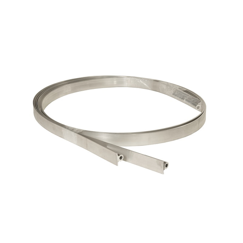 A heavy-duty aluminum band used to enforce barrel saunas and tighten barrel sauna lumber gaps.