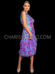 Blue Pink One-Shoulder Sequin Feather Dress