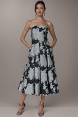 STRAPLESS MIDI FIT AND FLARE DRESS