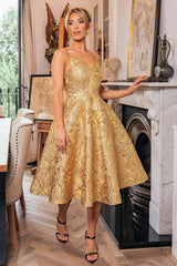 Goddiva Jacquard Sleeveless A-line Midi Dress - Gold
