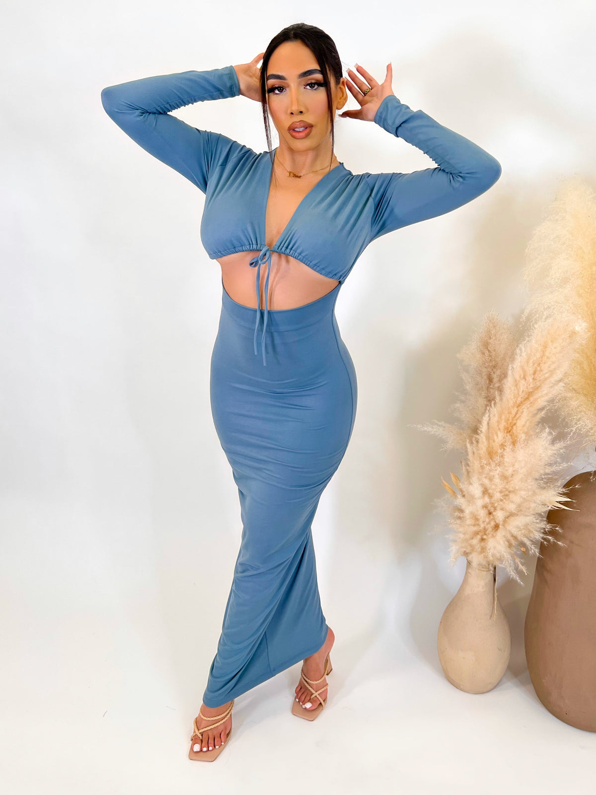 slate blue maxi dress, long sleeve, v neck, front cutout