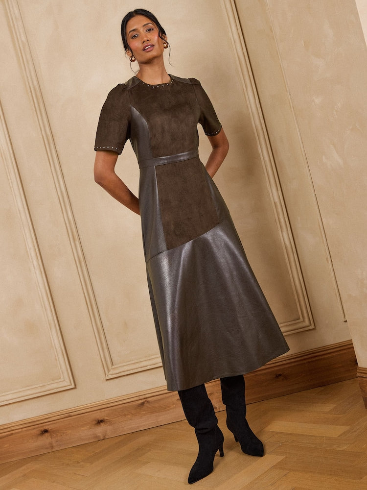 Buy Love & Roses Chocolate Brown Suede Faux Leather Stud Mix Midi Dress from Next USA