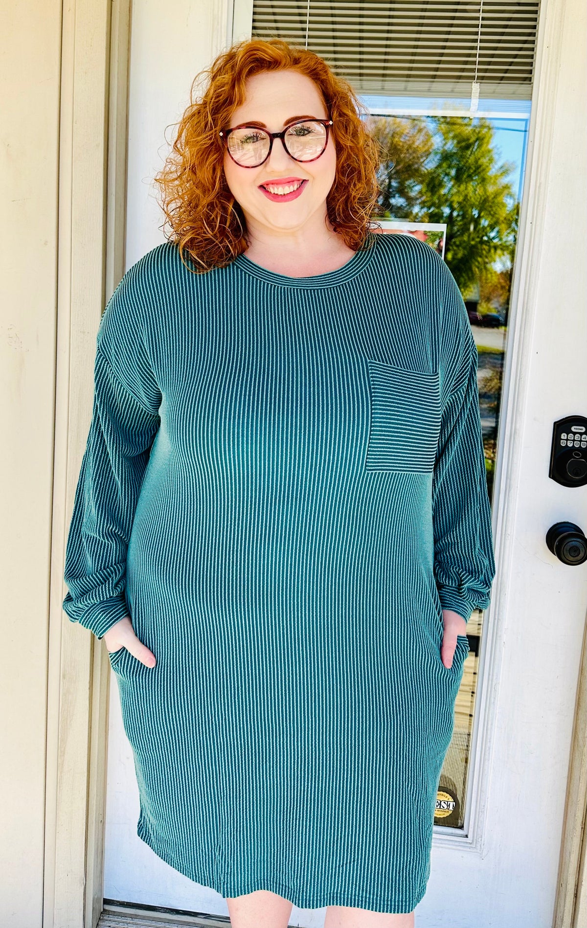 Dark Green Textured Round Neck Long Sleeve Mini Dress w Pockets Final Sale