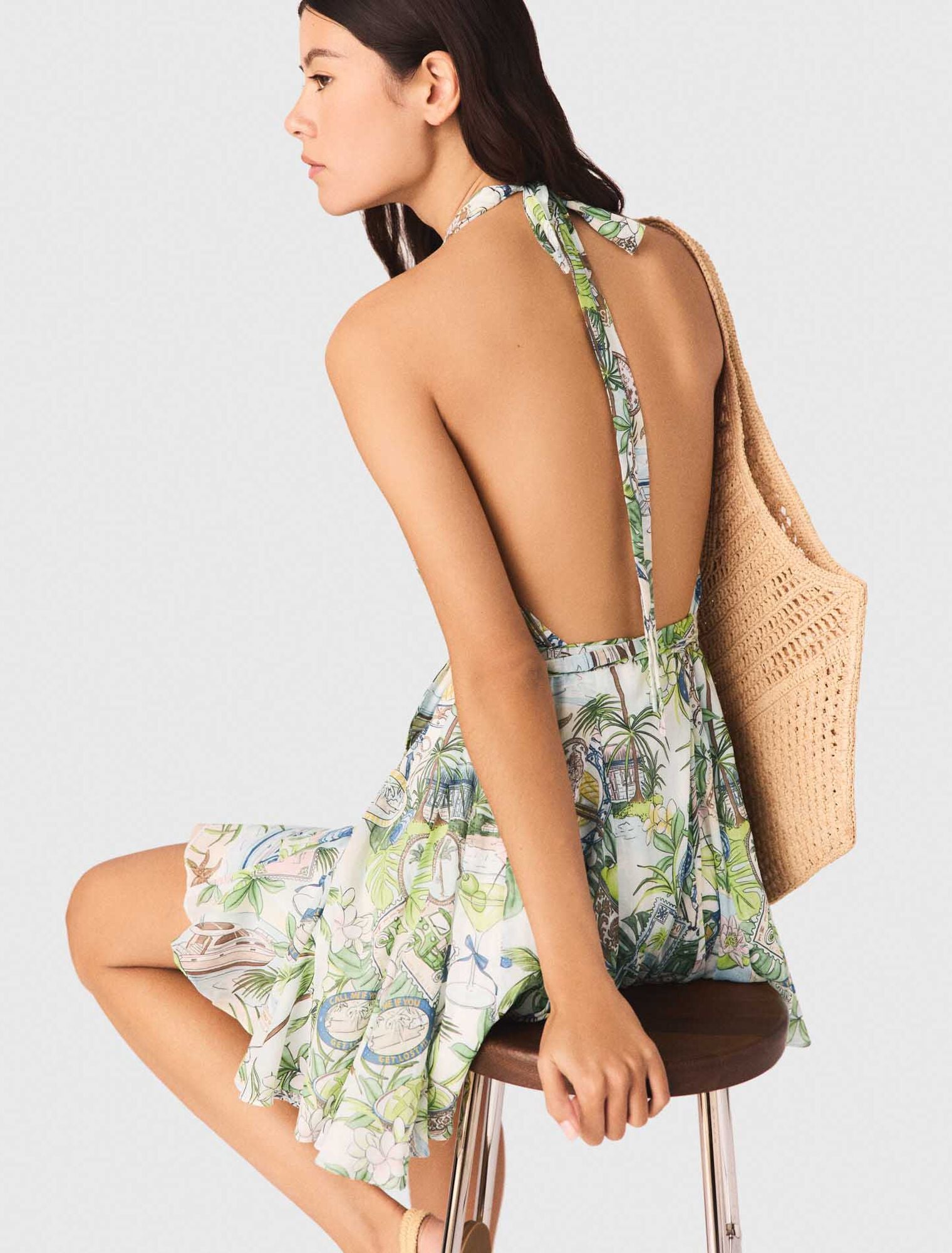 Maje Short Patterned Backless Dress in Postcard Print at Nordstrom, Size 40
