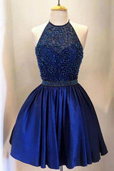 Royal Blue Taffeta High Neck Beaded Halter Homecoming Dresses, MH312