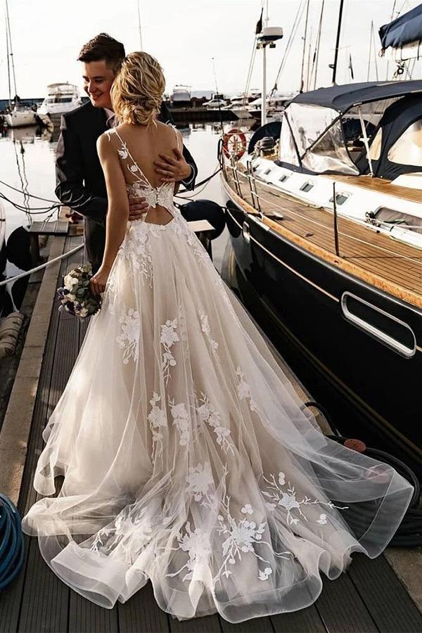 Gorgeous Tulle A-line Backless Boho Floral Appliques Beach Wedding Dresses, SW296