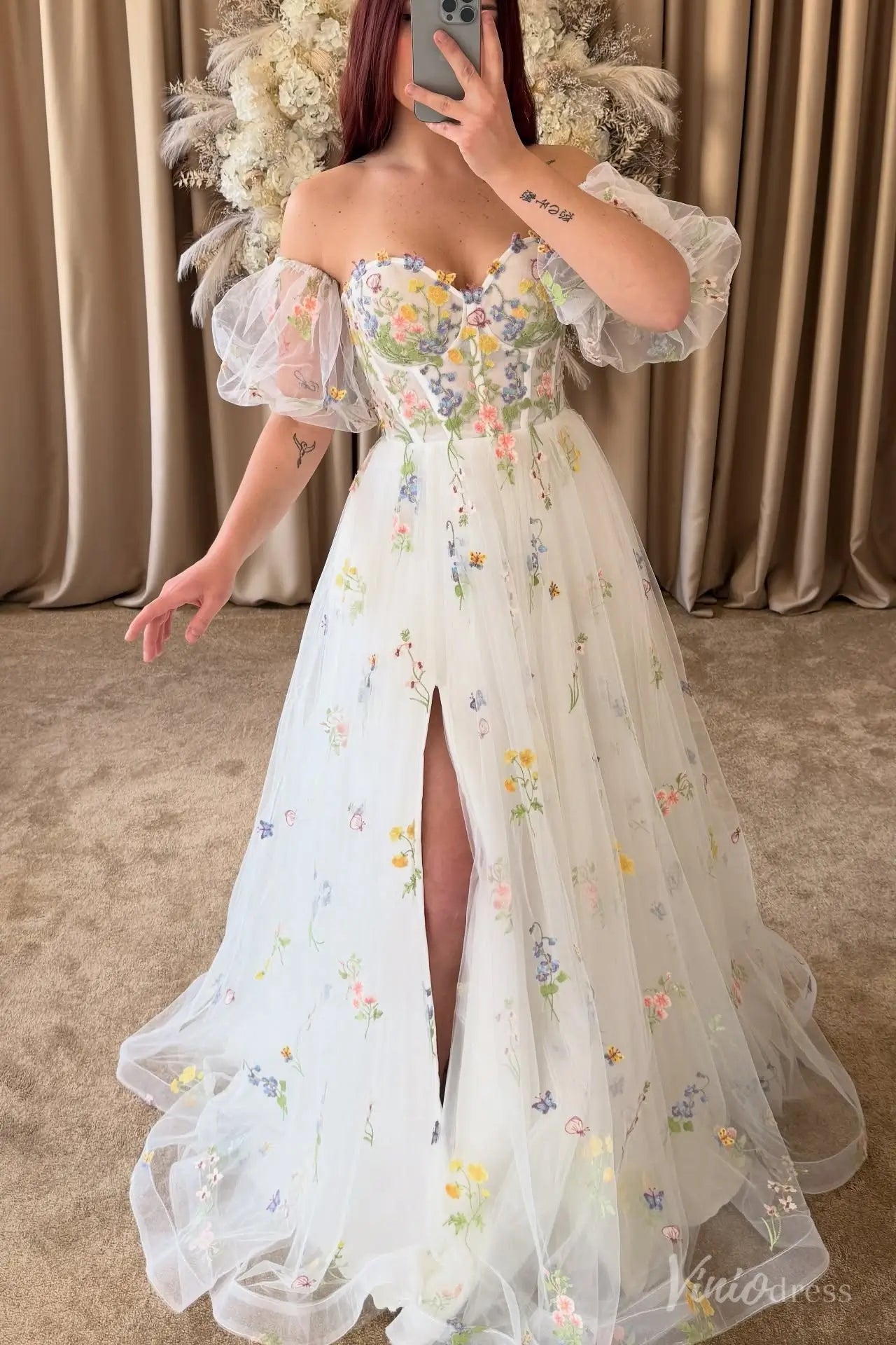 Whimsical Wildflower Embroidered Wedding Dress with Removable Sleeves & Slit FW206-wedding dresses 2025 -Viniodress-Ivory-Custom Size-