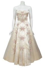1950's Beaded Embroidered Cream & Pale Pink Satin Strapless Couture Ballgown