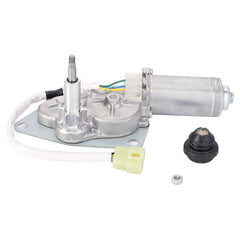 AGCO's Massey Ferguson - Wiper Motor - 6243495M91 is a silver automotive part featuring an attached wiper motor, a black rubber component, a white electrical connector, and a small nut, all set against a white background. Perfect for Massey Ferguson tractors needing single-speed operation.