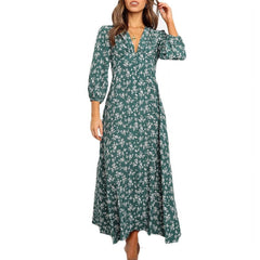 Jxzom Women's 3/4 Sleeve Maxi Dress Button-Down Floral Print Long Dresses V-Neck Casual High Waist Boho Dress, Size: Small, Blue
