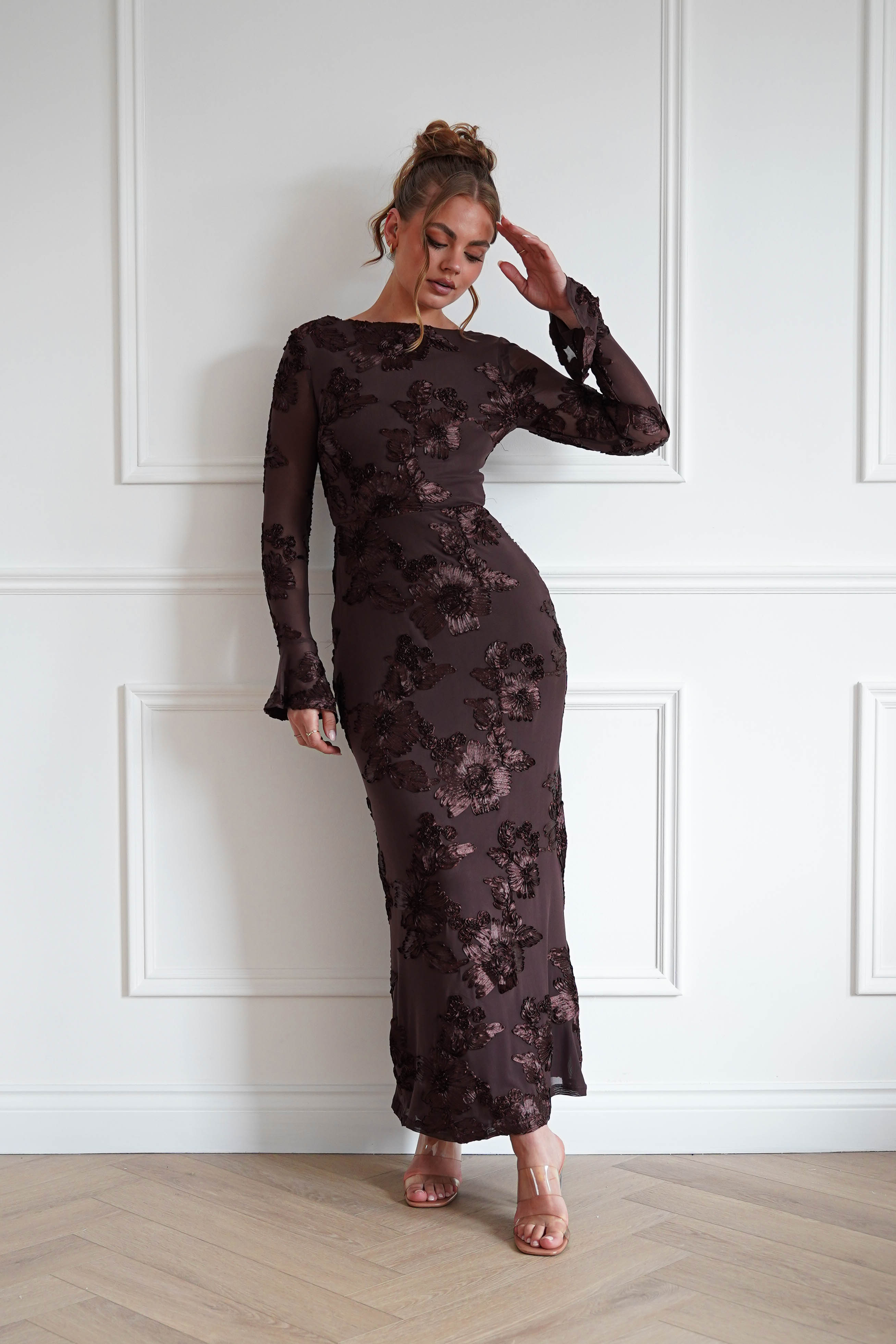 Oh Hello Clothing Women > Clothing > Dresses Amelita Long Sleeve Textured Maxi Dress | Brown