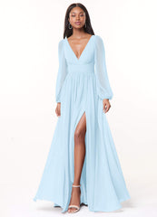 Sky Blue Long Modest Formal Dresses Light Blue Bridesmaid Dresses Long Sleeve Light Blue Dress Modest