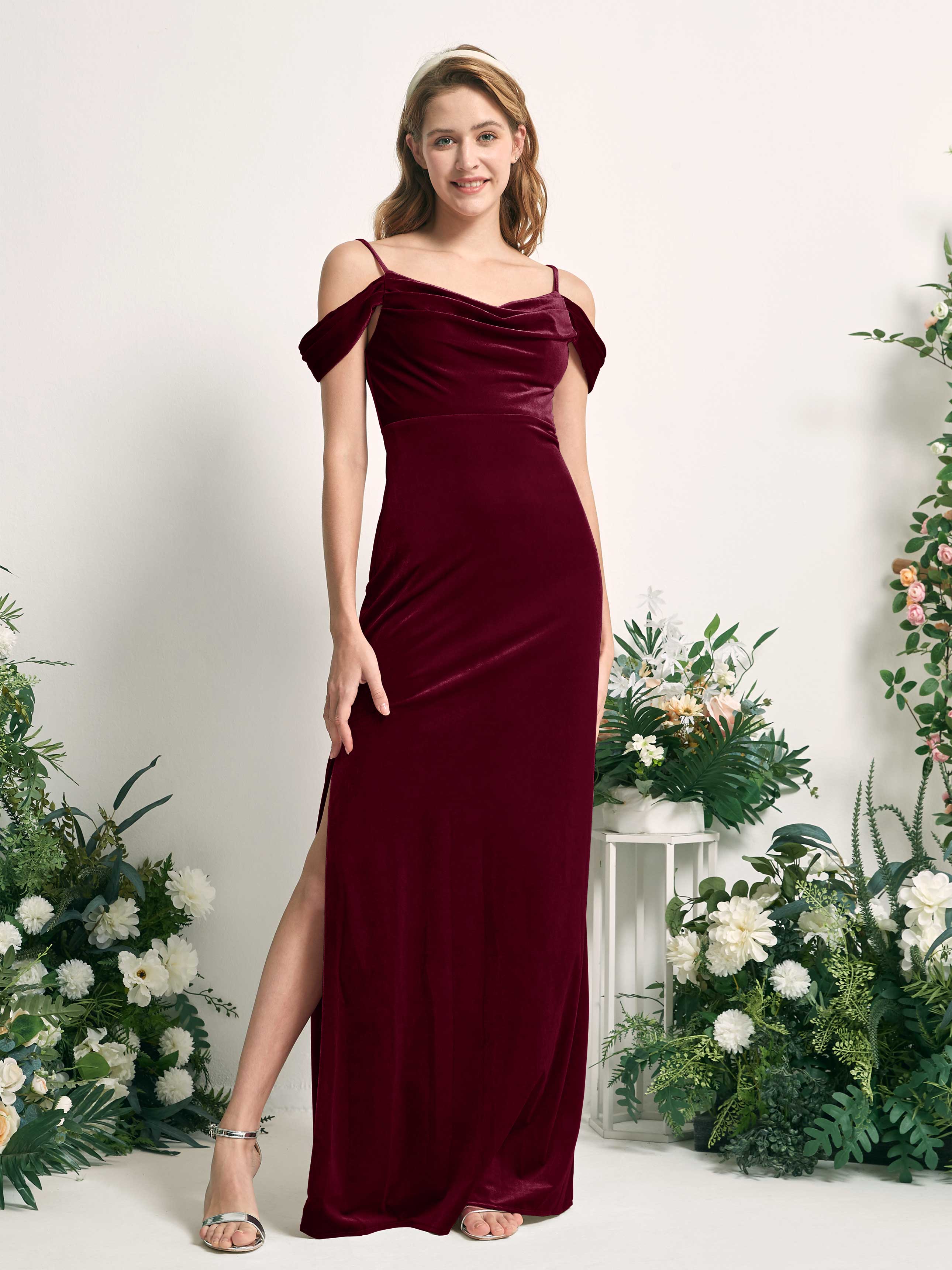 Carlyna Salome Mermaid Burgundy Velvet Bridesmaid Dress Maxi Sleeveless Sweetheart Dress Front View #color_burgundy