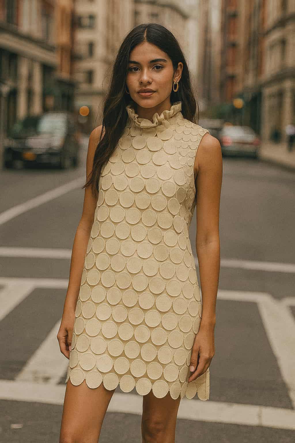 Urban chic woman wearing natural sleeveless circle appliqué dress on a city street.