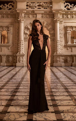 PrettyLittleThing Women's PLT Label Lace Extreme Shoulder Plunge Ruched Slinky Maxi Dress in Black