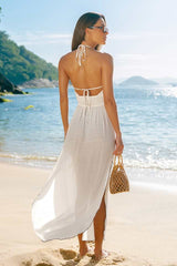 Beige Plunging Halter Maxi Dress for Beach Vacation