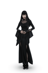 Elegant black gothic witch dress with lace details and high slit, perfect for a sultry, spooky look.