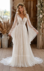 Boho V-Neck A-Line Lace Country Wedding Dress with Long Bell Sleeves and Train