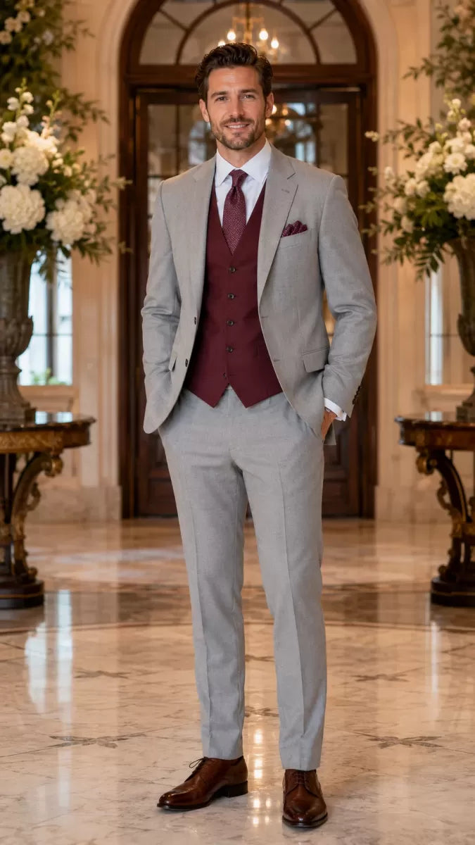 How to style grey and burgundy wedding suits for your big day | Dunnio Tailor