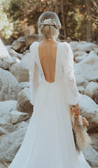 A Line Long Sleeve Wedding Dress Chiffon Plunging V Neck Wedding Dress With Open Back, Long Train Minimalist Backless Wedding Dress SOPHIE