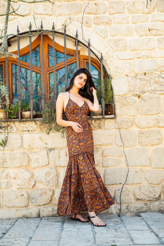 Boho maxi dress for woman in brown Paisley print /summer dress /Boho Hippy dress/lace dress/ frills / tassels/ dress for vacation/ halter