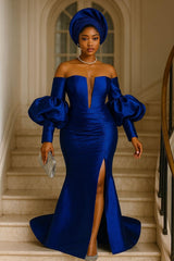 Elegant Royal Blue Silk Evening Gown: Handcrafted Luxury Maxi Dress With Slit