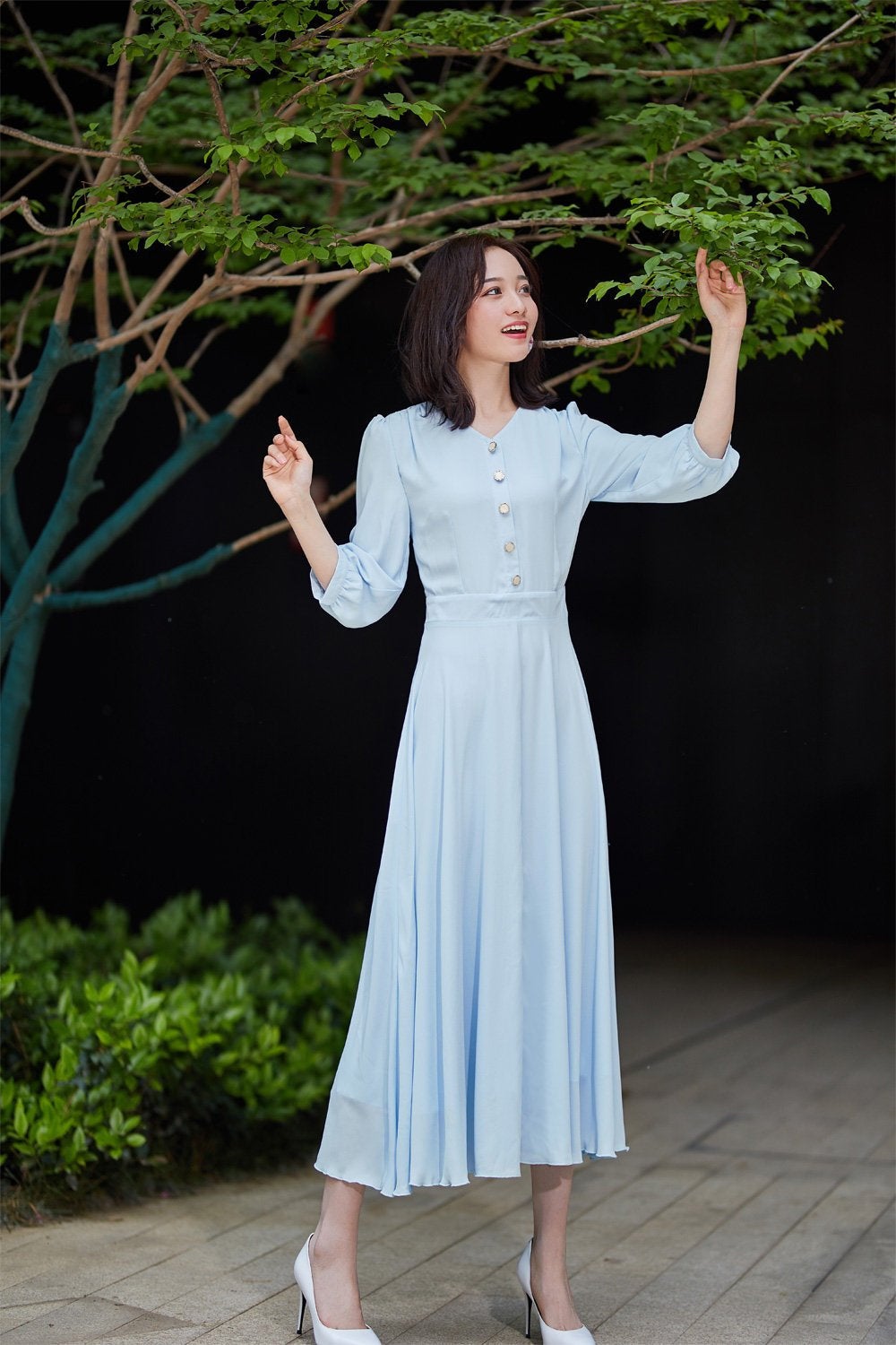 Blue Chiffon Midi Dress - Pleated, V-Neck, Fitted Silhouette 2180