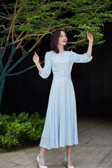 Blue Chiffon Midi Dress - Pleated, V-Neck, Fitted Silhouette 2180