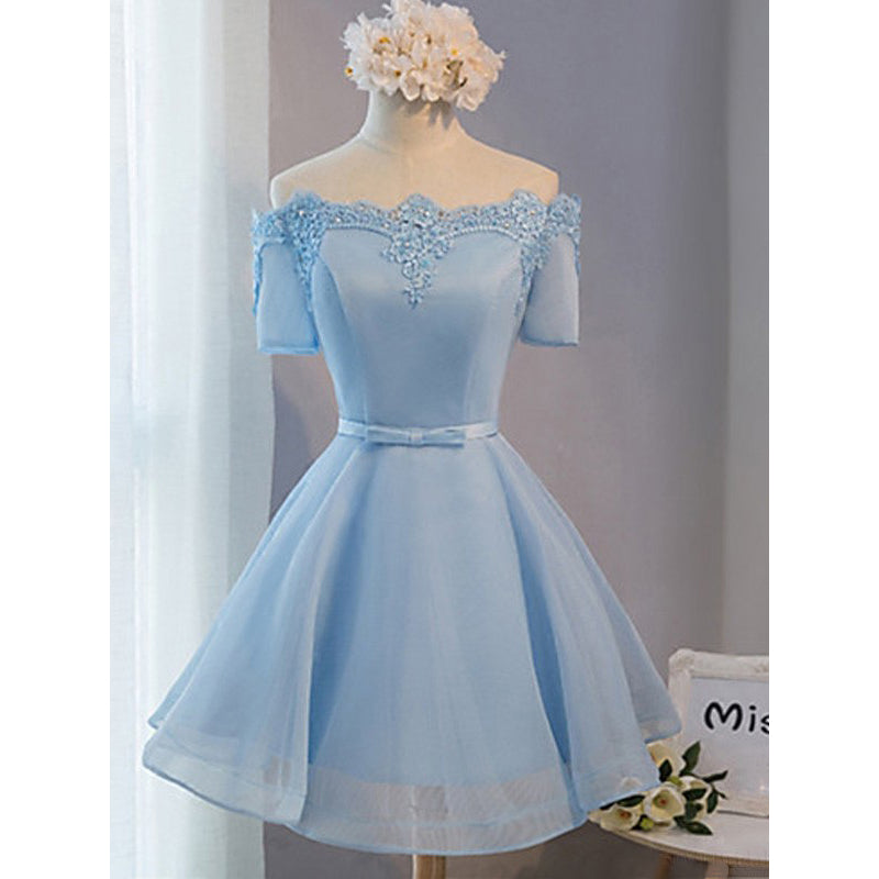 Elegant Ice Blue Homecoming Dresses, Princess Off-the-shoulder Homecoming Dress With A Feminine Bow, on Luulla