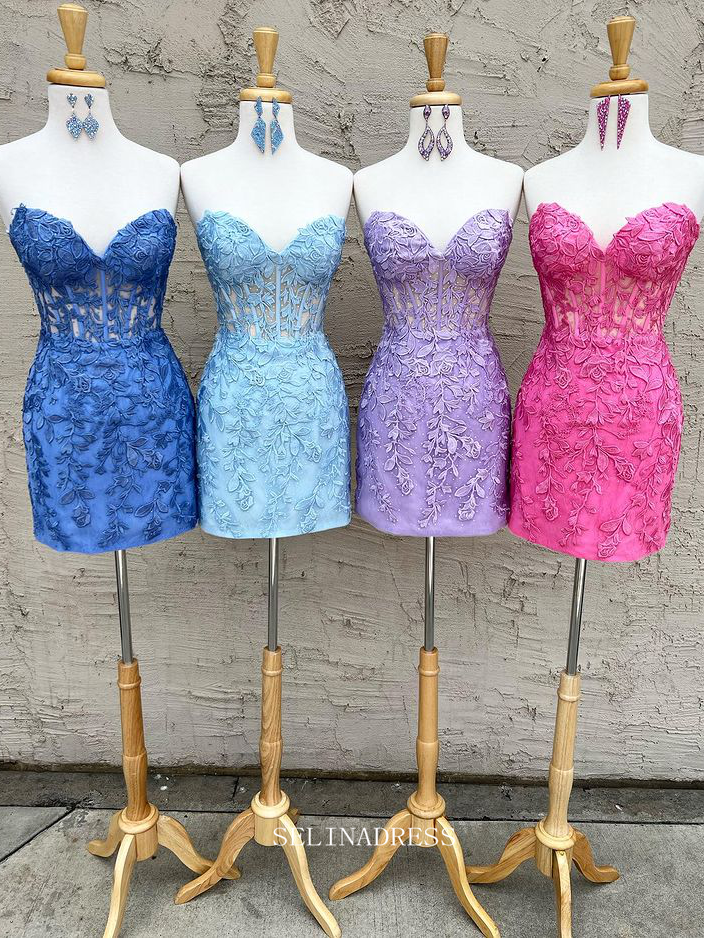 Sweetheart Lace Appliqued Short Prom Dress Cute Homecoming Dresses Hoco Dresses Pageant Dresses #TKL059|Selinadress