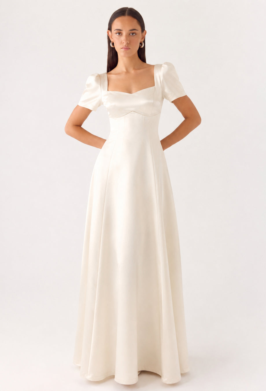 Thea White Satin Formal Maxi Dress with Sleeves, white satin maxi dress, white satin dress with sleeves​