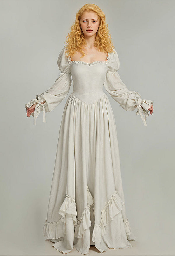 Medieval Renaissance Dress Princess Style White Long Sleeve Off Shoulder Dress with Ruffle Hem
